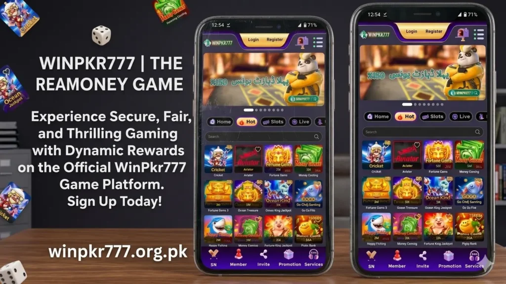 Winpkr777 game interface showing Android app dashboard, popular games, secure login, bonus offers, and mobile-friendly gaming experience.