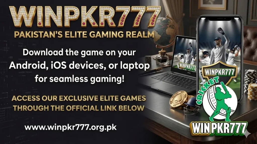 Winpkr777 Game promotional image featuring the latest Android APK interface, secure login, bonus offers, popular games, and a mobile-friendly dashboard.